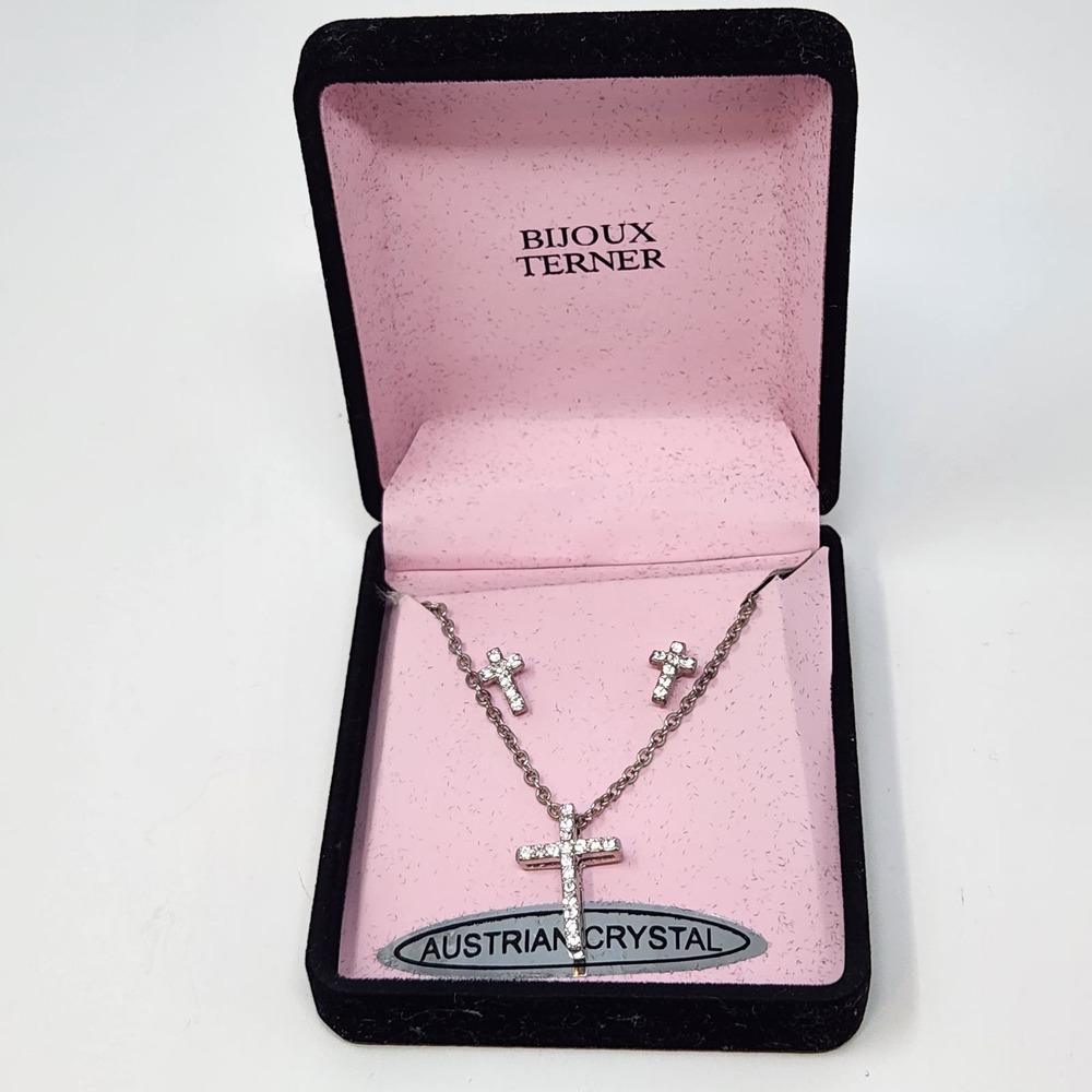 Bijoux Terner Austrian Crystal Cross Chain Necklace Stud Earrings Silver Tone